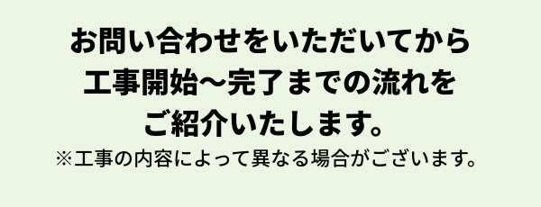 お問い合わせをいただいてから工事開始〜完了までの流れをご紹介いたします。 ※工事の内容によって異なる場合がございます。